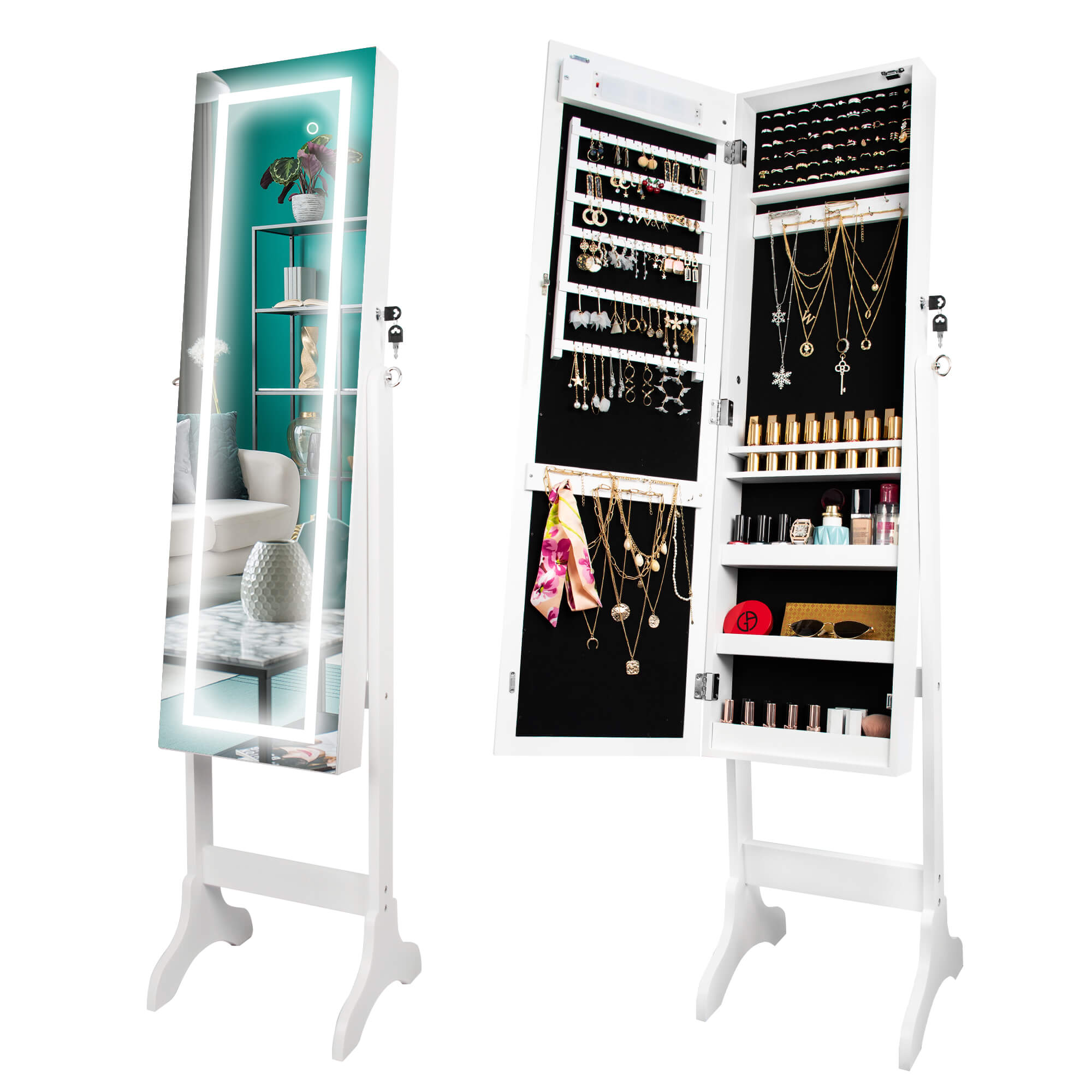 A prominent image showcasing the LED jewelry cabinet standing mirror, highlighting its elegant design and spacious storage compartments